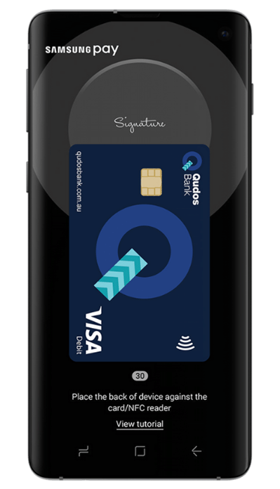 Samsung phone showing Samsung Pay with Qudos Bank Visa Debit